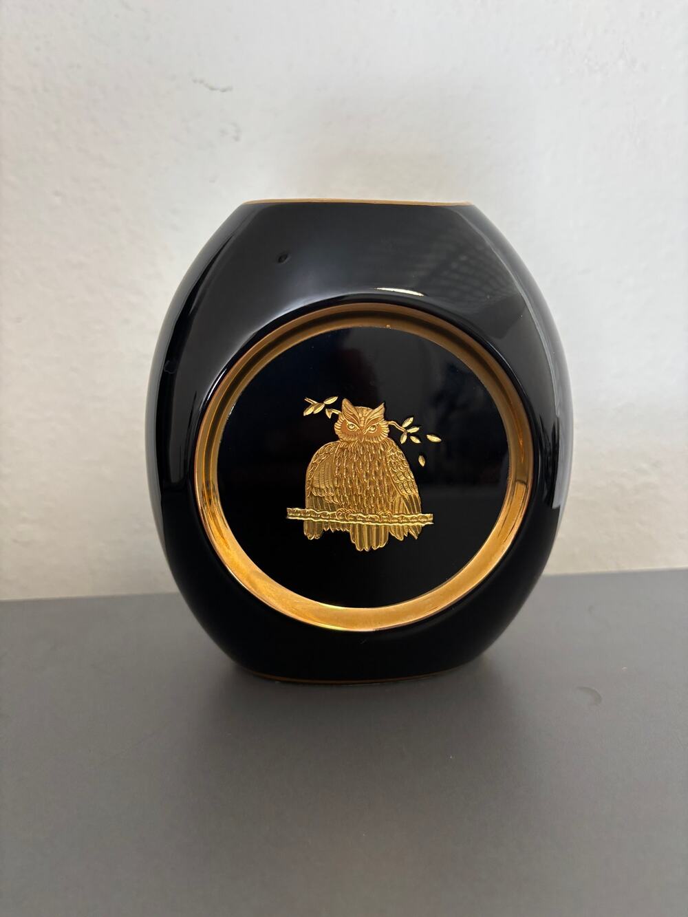 Chokin Art Vase MCM Black Gold Owl